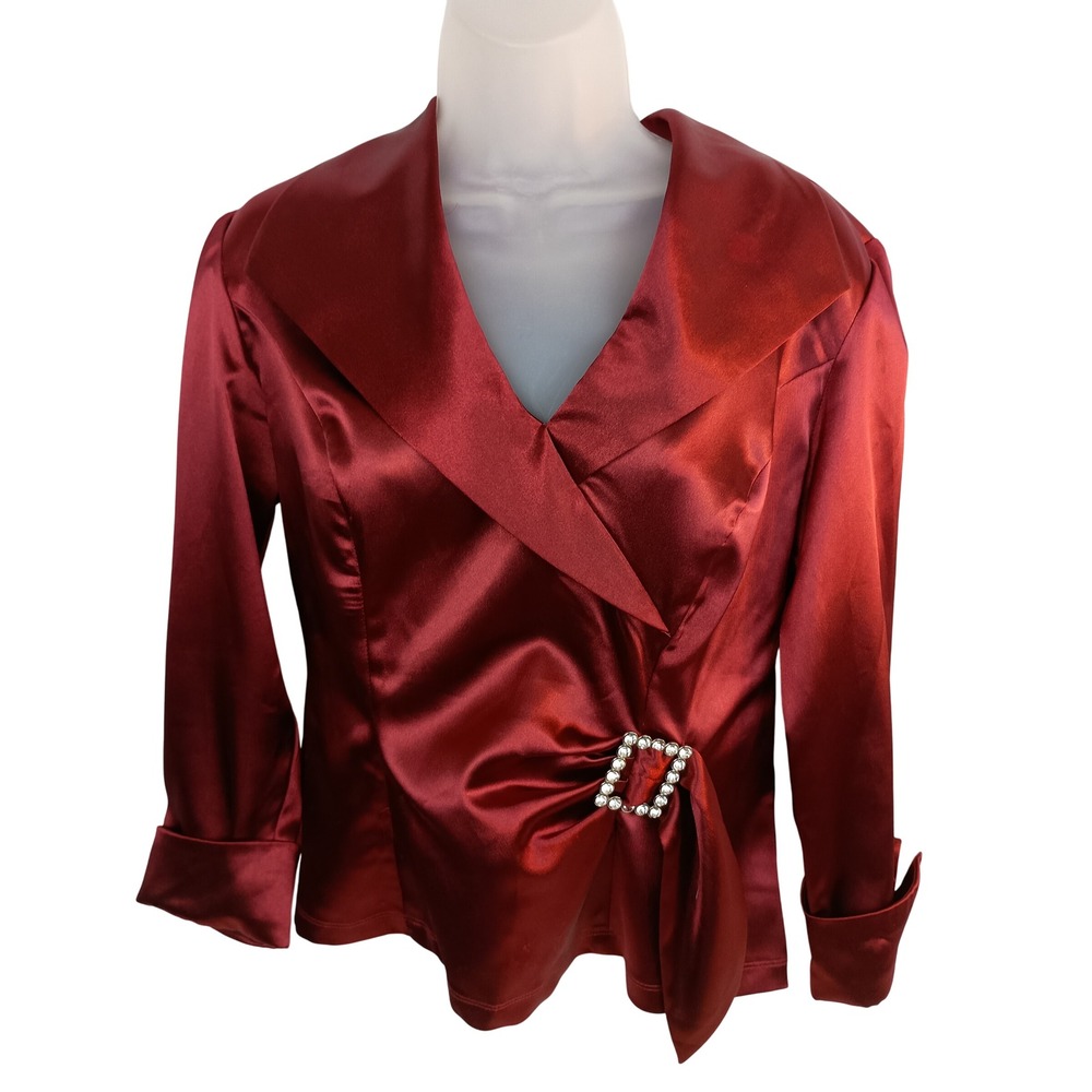 vintage crimson red romantic satin new years work office party formal top blouse
